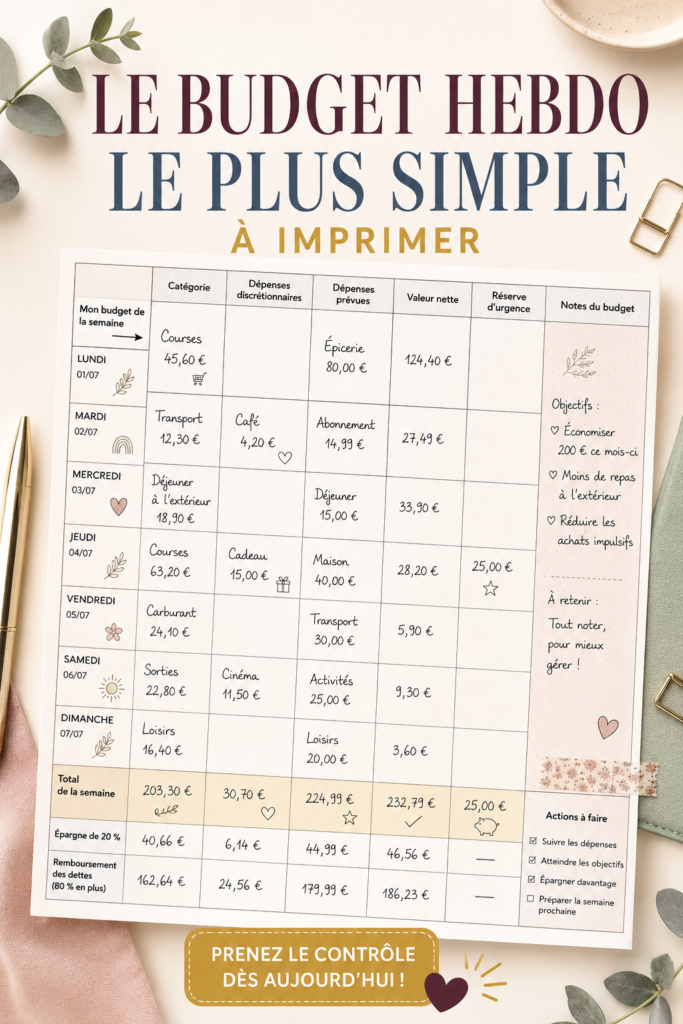 Modèle de budget hebdomadaire simple et pratique avec des sections pour les dépenses et les revenus