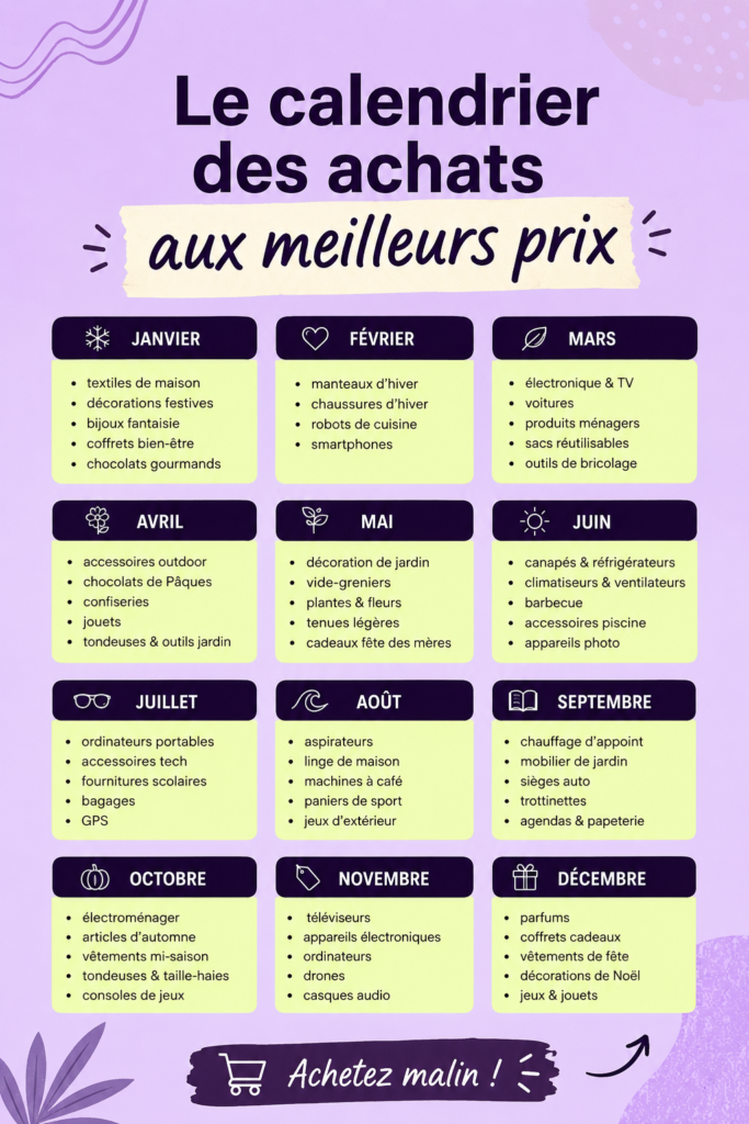 Un calendrier coloré affichant les meilleurs jours pour faire des économies sur les achats.