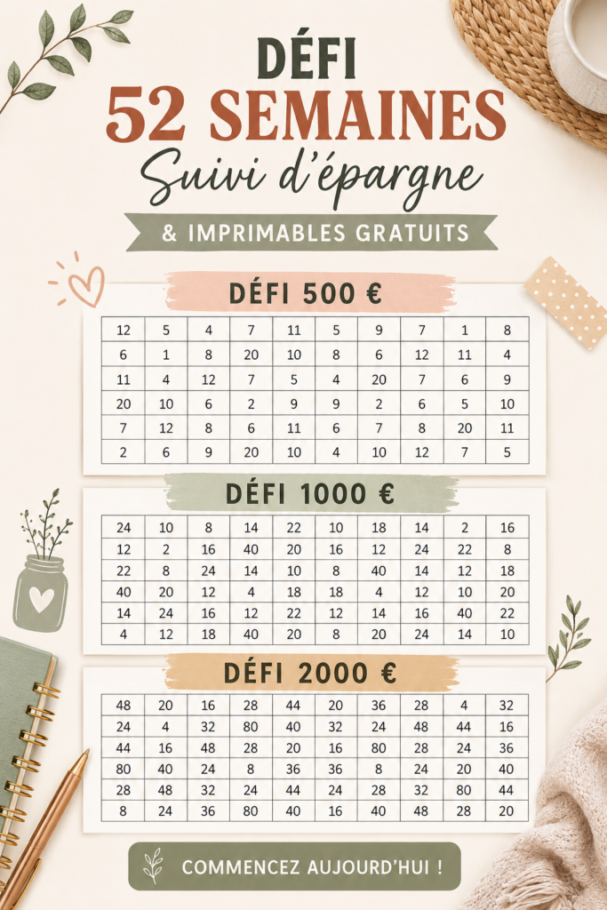 Une image d'enveloppes colorées utilisées pour le challenge d'épargne hebdomadaire.
