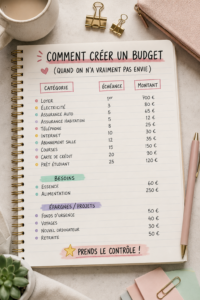 Visuel d'une femme souriante consultant un tableau de budget