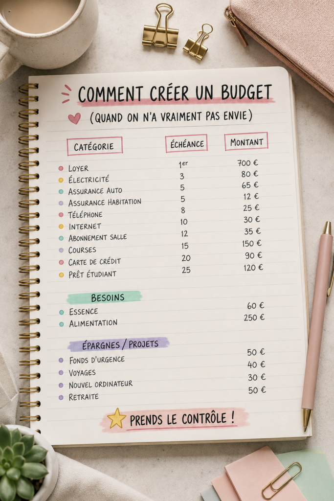 Visuel d'une femme souriante consultant un tableau de budget