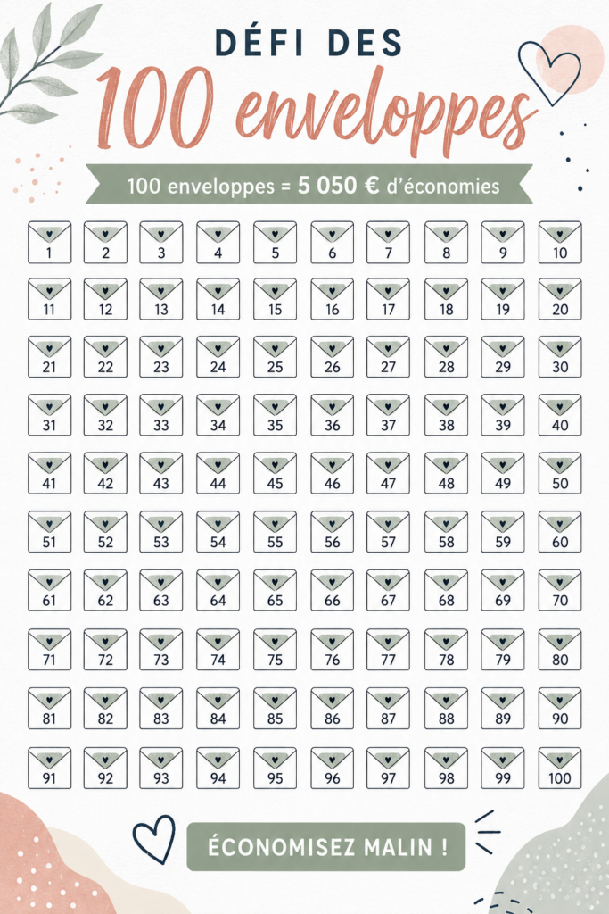 Personne tenant 100 enveloppes colorées pour le défi d'épargne