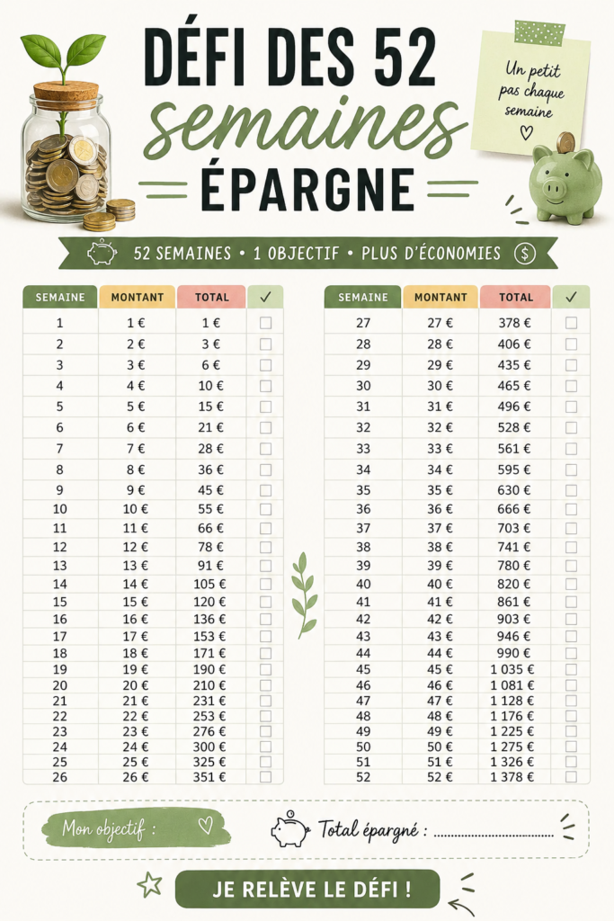 Visuel illustrant le défi des 52 semaines pour épargner