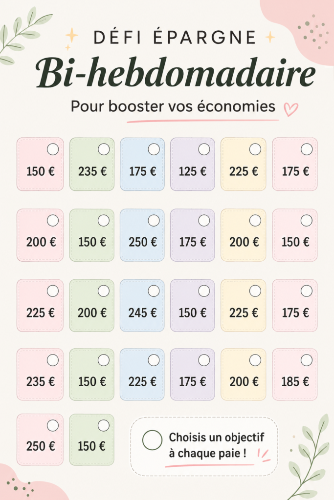 Une femme souriante tenant un calendrier et une tirelire, symbolisant le défi d'épargne bihebdomadaire.