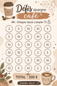 Une tasse de café sur une table avec un carnet de budgétisation, représentant l'idée d'économiser avec chaque tasse.