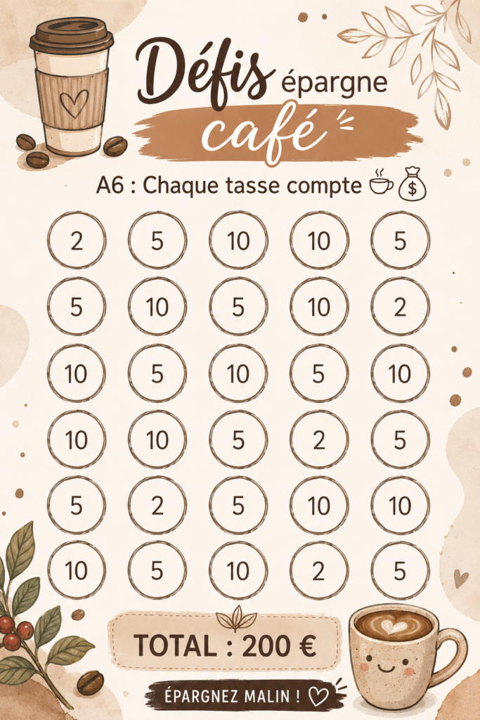 Une tasse de café sur une table avec un carnet de budgétisation, représentant l'idée d'économiser avec chaque tasse.