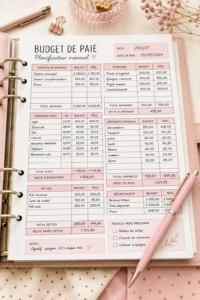 Une femme analysant son budget avec des documents et un ordinateur.