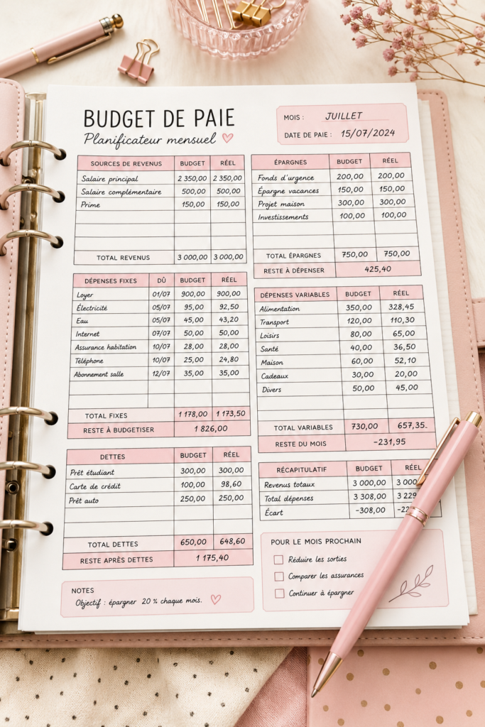 Une femme analysant son budget avec des documents et un ordinateur.