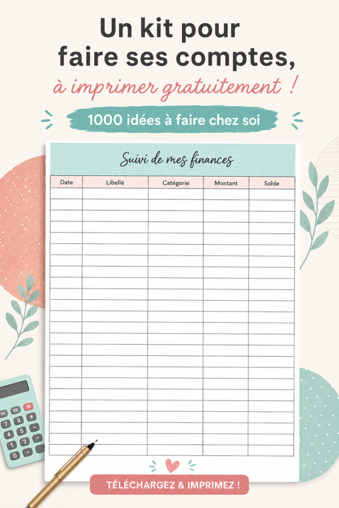 Image d'un kit d'impression pour la gestion des comptes, contenant des feuilles de suivi de dépenses.