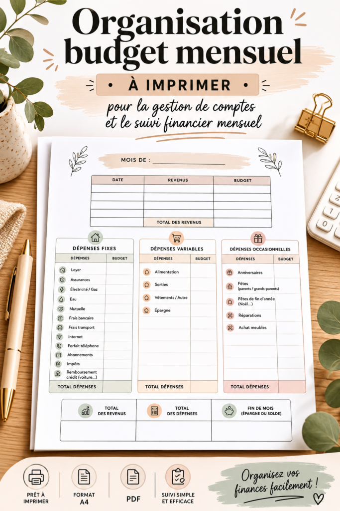 Modèle de budget mensuel imprimable sur un bureau avec des fournitures de papeterie.