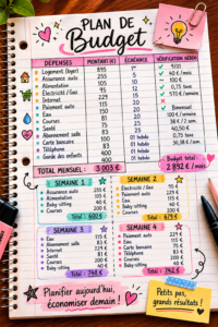 Femme souriante examine son budget à l'aide d'un ordinateur et d'un carnet.