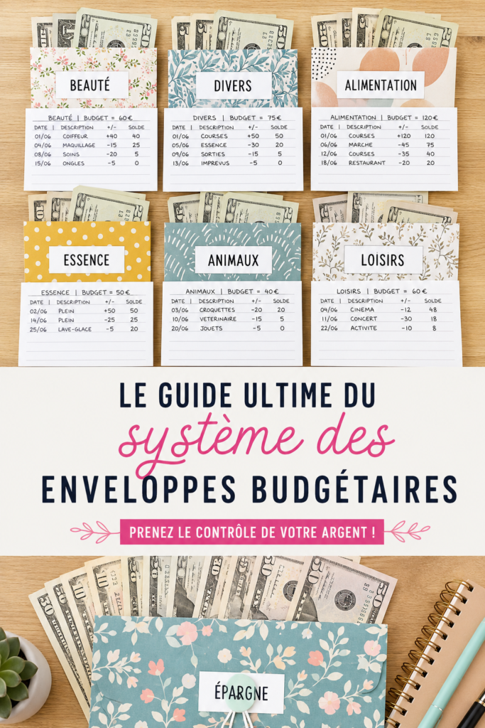 Une femme examinant son budget avec des enveloppes étiquetées par catégories de dépenses.