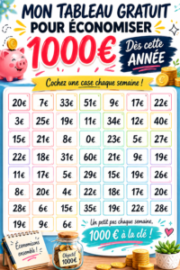 Tableau d'économies pour gérer son budget et économiser 1000 euros.