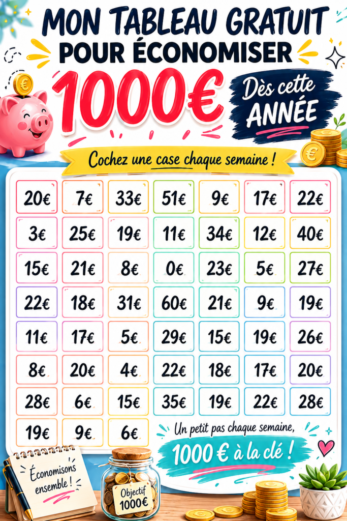 Tableau d'économies pour gérer son budget et économiser 1000 euros.