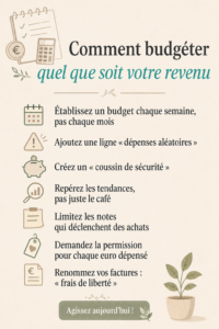 Femme souriante en train de noter son budget sur un carnet avec un café à côté.