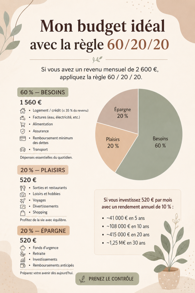 Femme heureuse observant ses finances tout en appliquant la méthode 60-20-20 pour son budget.