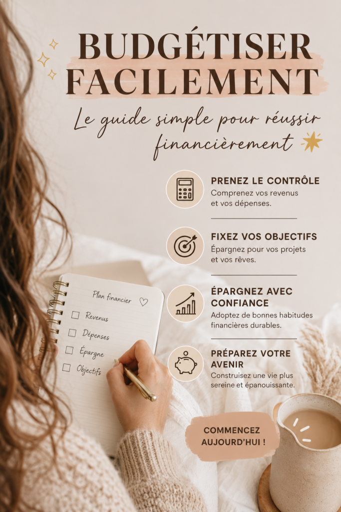 Femme souriante consultant un budget à l'aide d'un ordinateur portable et de notes.