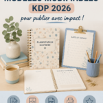 Modèles d'édition KDP sur un ordinateur avec des designs variés.