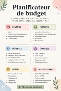 Femme utilisant un planificateur de budget avec divers outils financiers sur une table.