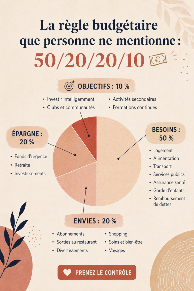 Femme manipulant des outils de budget avec des graphiques liés à la règle 50/20/20/10.