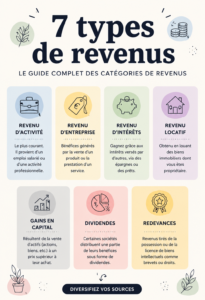 Illustration montrant différentes sources de revenus, incluant des symboles d'investissement et de salaires.