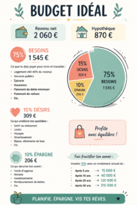 Femme souriante consultant son budget sur une tablette dans un cadre familial chaleureux.