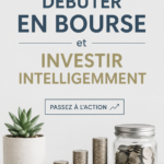 Femme lisant un livre sur l'investissement en bourse, souriante et engagée.
