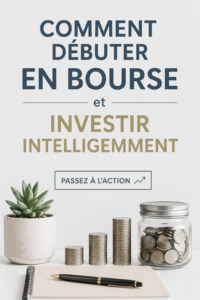 Femme lisant un livre sur l'investissement en bourse, souriante et engagée.