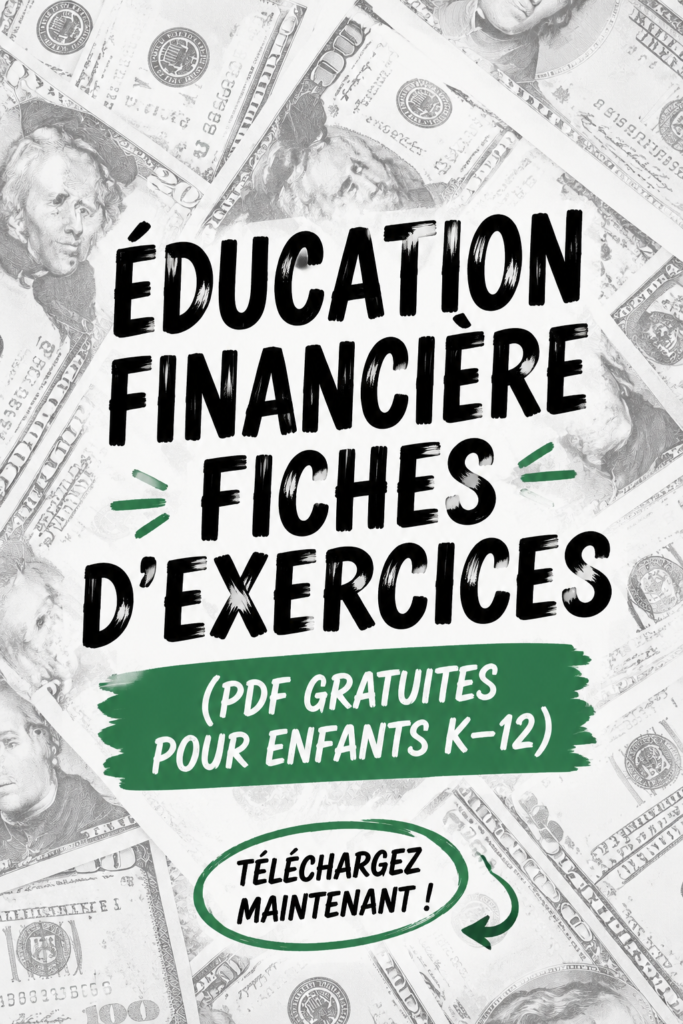 Fiches d'éducation financière colorées pour enfants sur une table