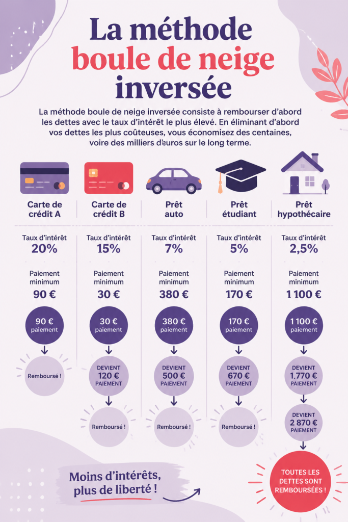 Illustration de la méthode avalanche pour la gestion des dettes avec un graphique clair et des icônes financières.
