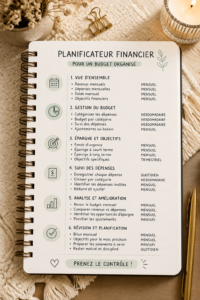 Une femme tient un journal de planification financière avec des notes sur son budget.