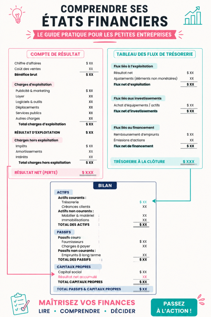 Une femme d'affaires examine des états financiers avec concentration, symbole d'une gestion efficace de PME.