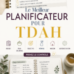 Une personne utilisant un agenda conçu pour le TDAH, avec des notes et des rappels colorés.