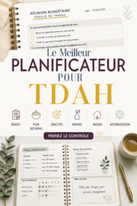 Une personne utilisant un agenda conçu pour le TDAH, avec des notes et des rappels colorés.