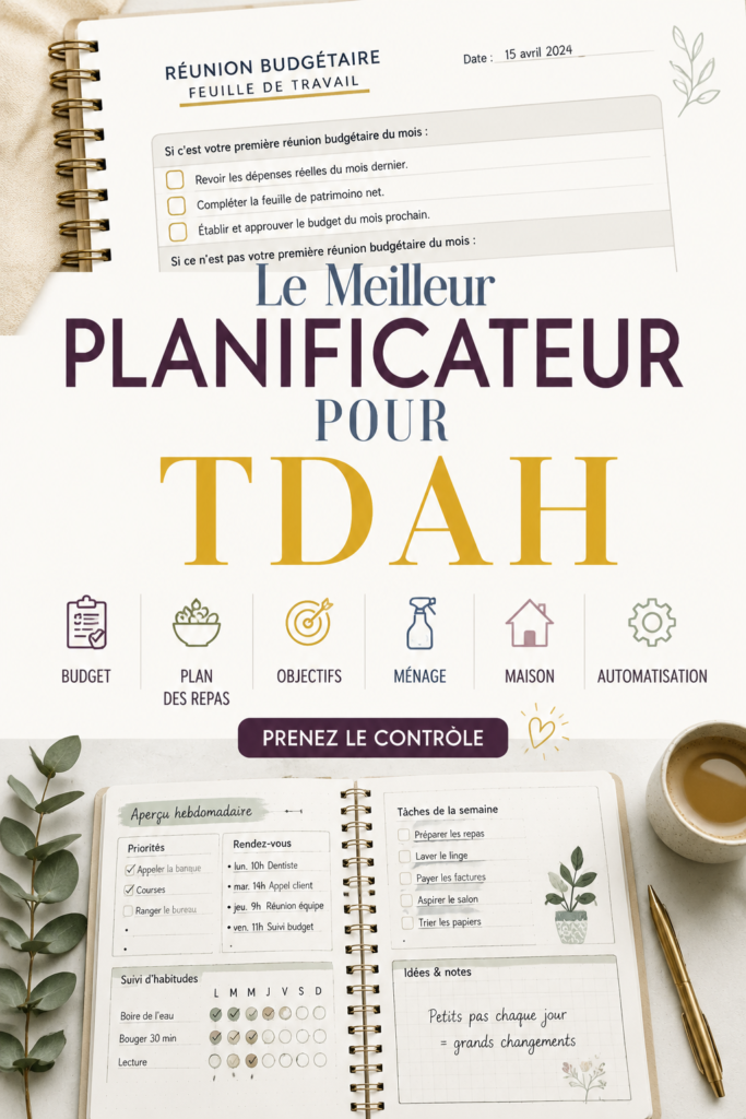 Une personne utilisant un agenda conçu pour le TDAH, avec des notes et des rappels colorés.