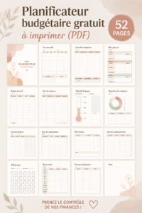 Modèle de planner de budget à imprimer avec des sections pour revenus et dépenses.