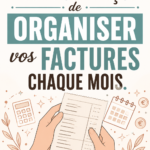 Femme souriante organisant ses factures sur une table avec des fournitures de bureau.