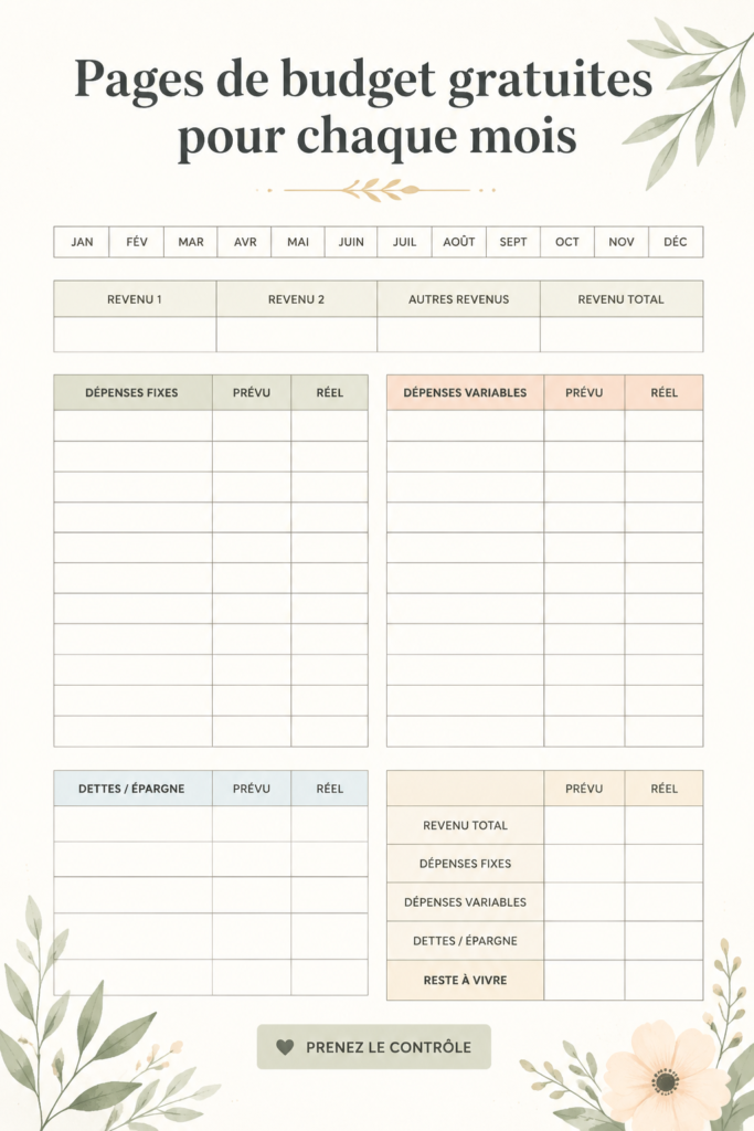 Exemple de pages de budget à imprimer pour chaque mois.