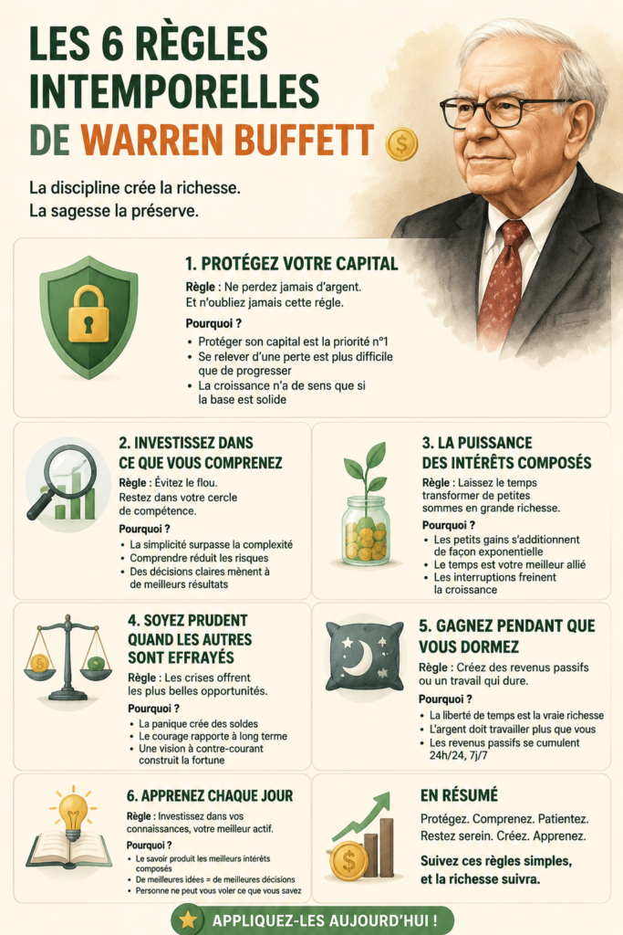 Portrait de Warren Buffett avec des éléments évoquant la finance et l'investissement