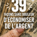 Femme souriante regardant des documents de budget familial avec des astuces d'économies sur la table