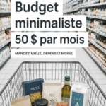 Une femme souriante fait ses courses avec un budget de 50 €.