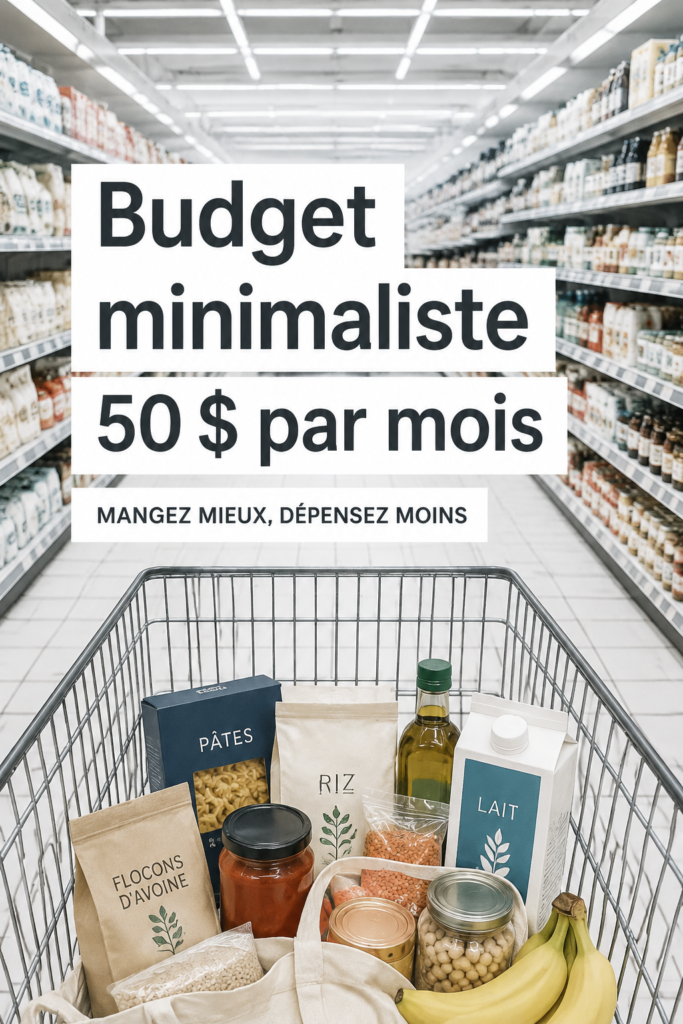 Une femme souriante fait ses courses avec un budget de 50 €.