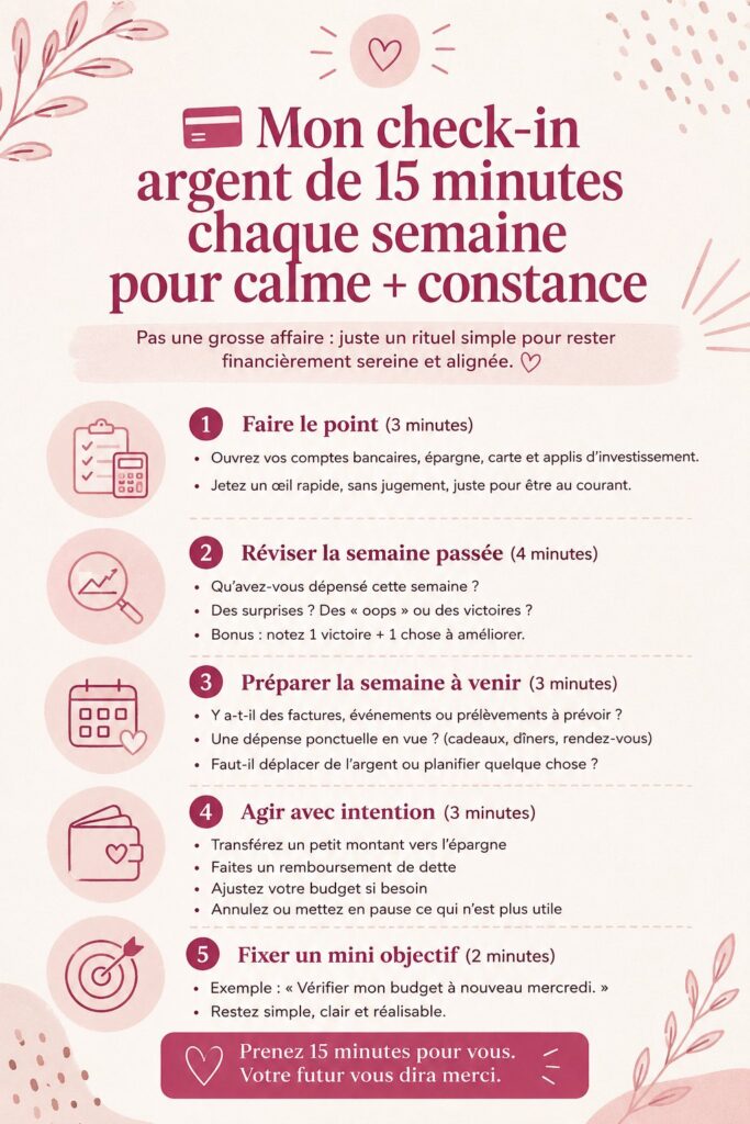 Une femme souriante utilise une application de gestion financière pour son check-in hebdomadaire