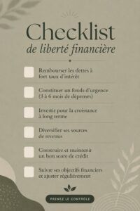 Une femme souriante examinant sa check-list financière pour la liberté économique.