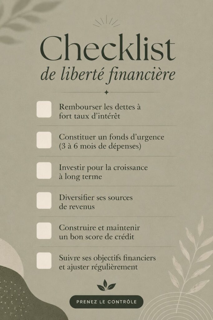 Une femme souriante examinant sa check-list financière pour la liberté économique.