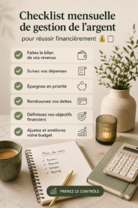 Checklist financière sur une table avec des fournitures de bureau.