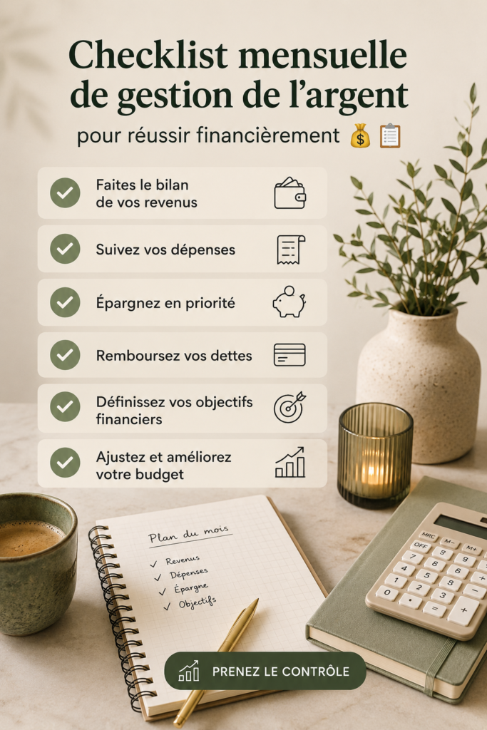 Checklist financière sur une table avec des fournitures de bureau.