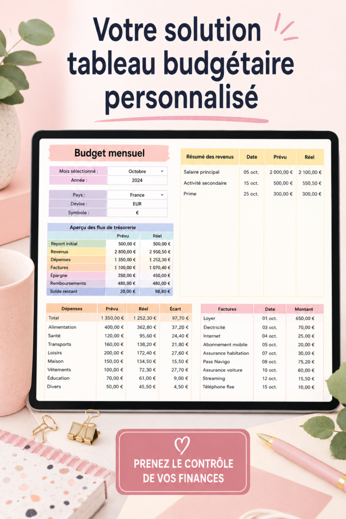 Un ordinateur montrant un tableur de budget familial sur l'écran, symbolisant une gestion financière organisée.