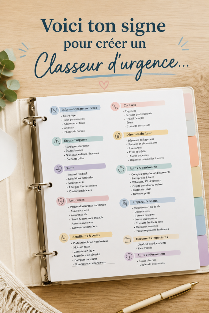 Une femme organise un dossier d'urgence familial sur une table avec des documents