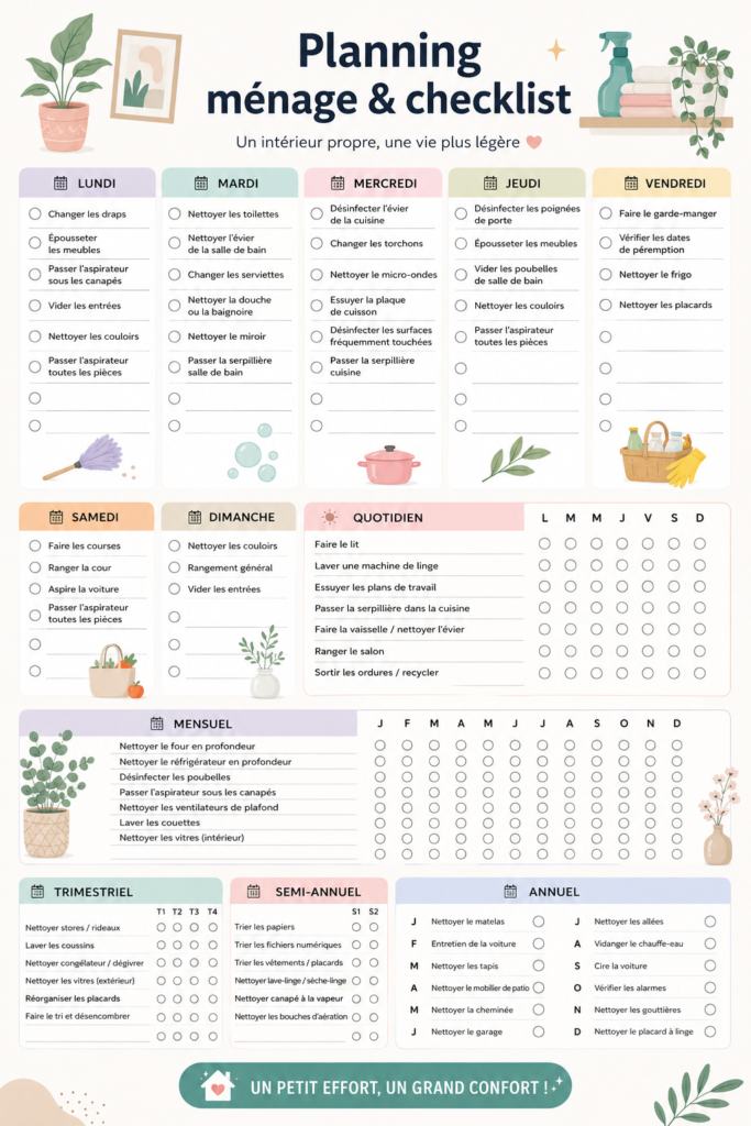 Emploi du temps de nettoyage avec check-list PDF à imprimer, pour une maison toujours propre.